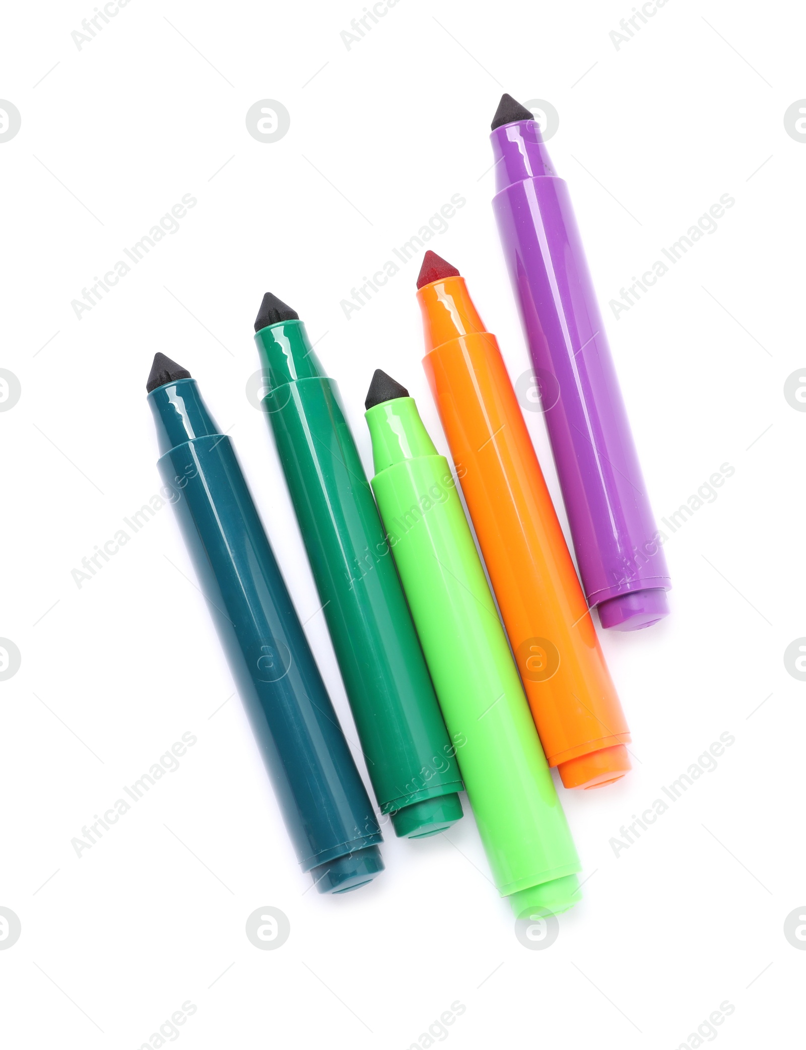 Photo of Many colorful markers isolated on white, top view