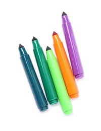 Photo of Many colorful markers isolated on white, top view