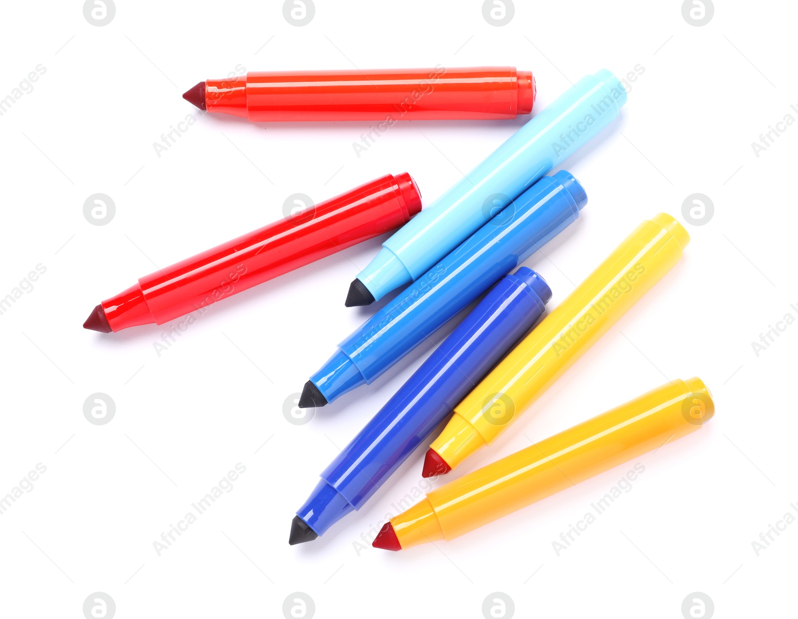 Photo of Many colorful markers isolated on white, top view