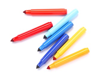Photo of Many colorful markers isolated on white, top view