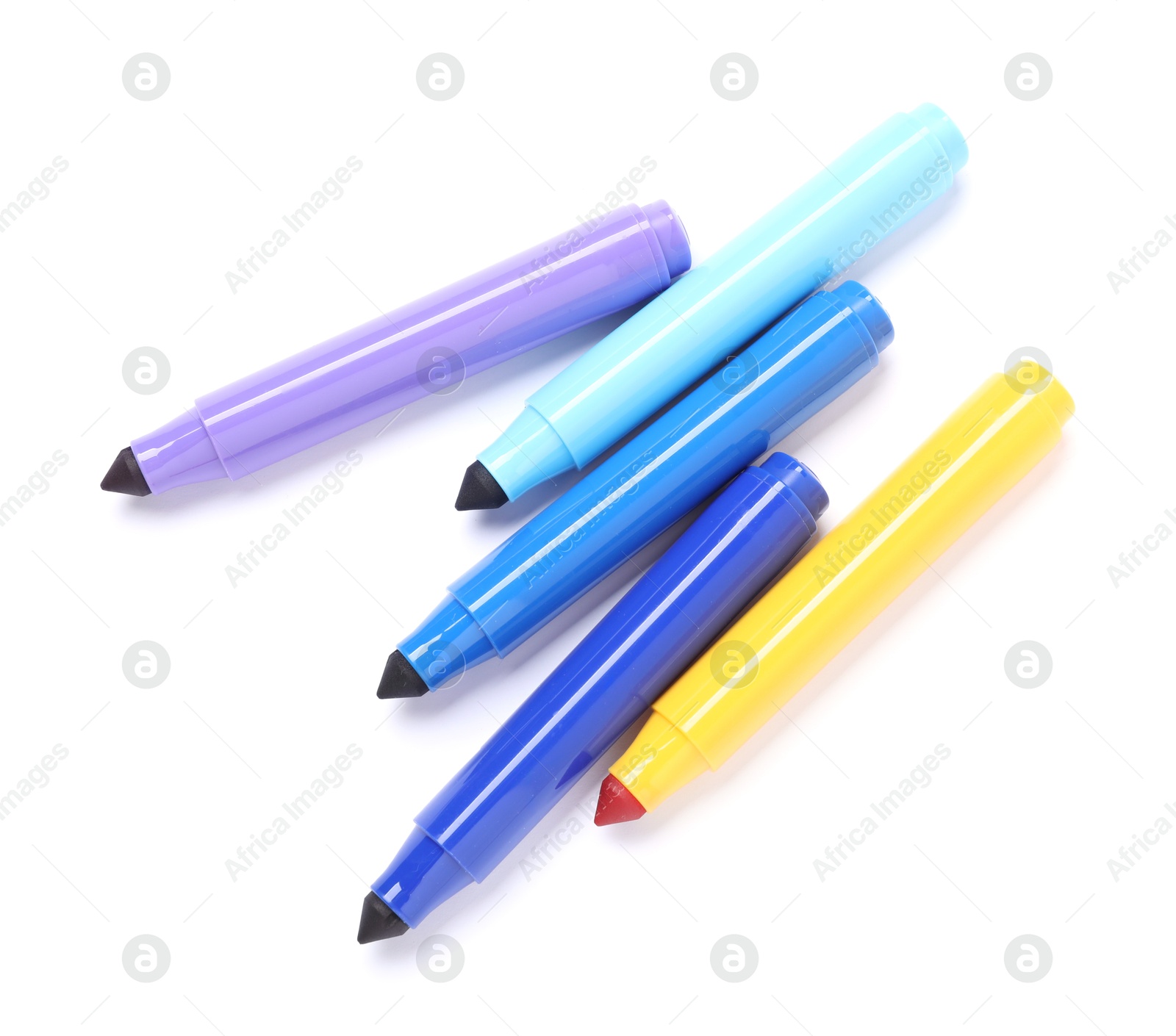 Photo of Many colorful markers isolated on white, top view