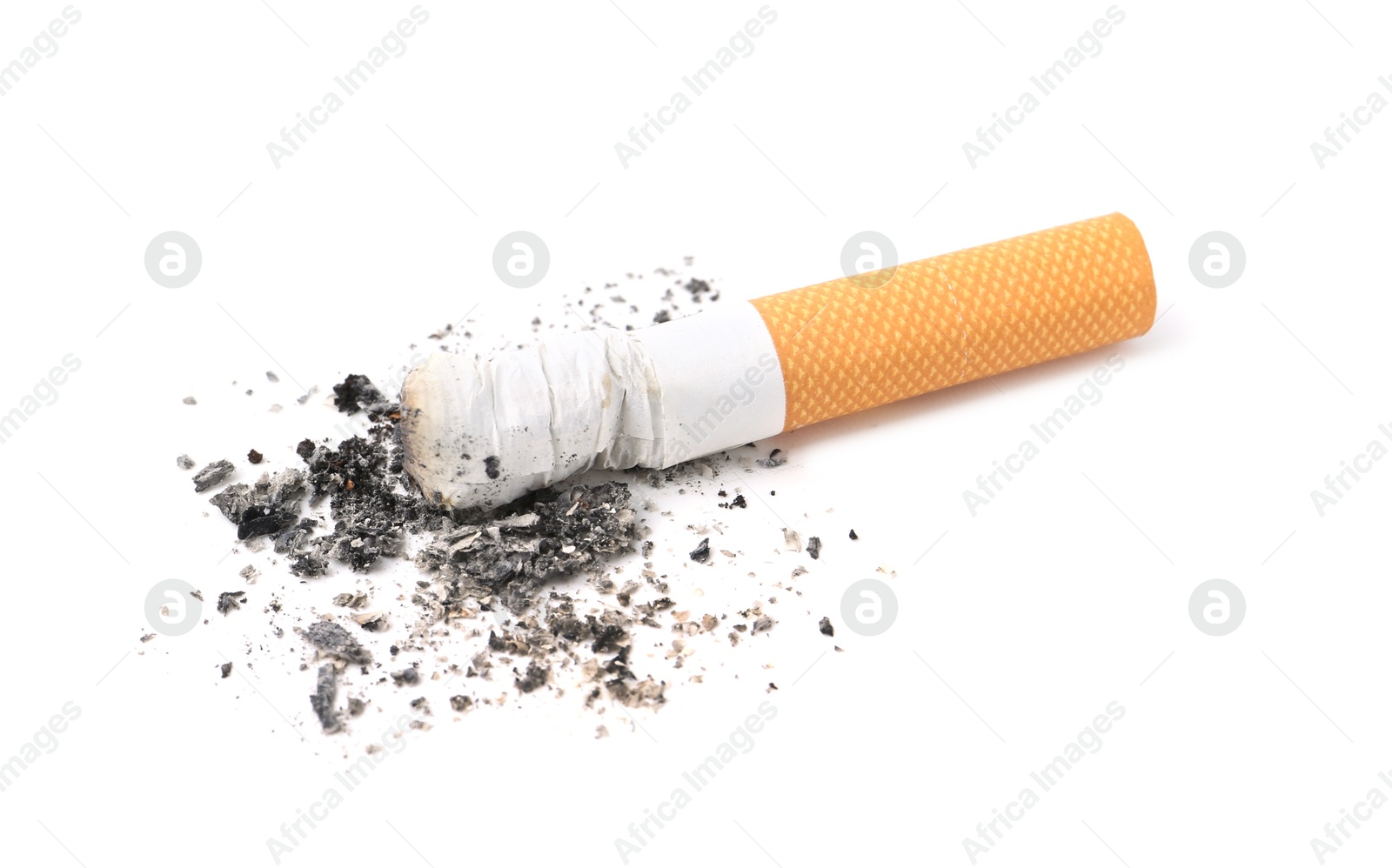 Photo of One cigarette butt isolated on white. Smoking habit