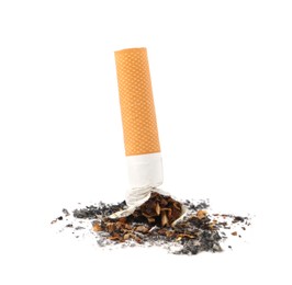 Photo of One cigarette butt isolated on white. Smoking habit