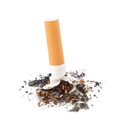 Photo of One cigarette butt isolated on white. Smoking habit