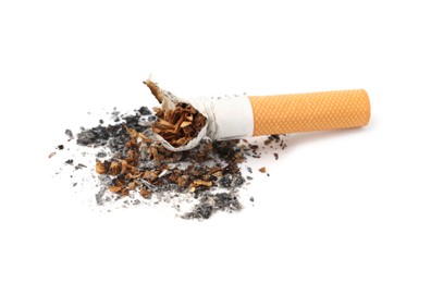 Photo of One cigarette butt isolated on white. Smoking habit