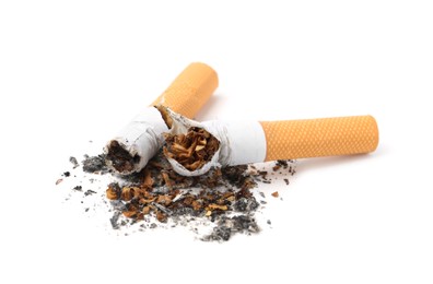 Photo of Two cigarette butts isolated on white. Smoking habit