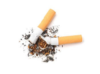 Photo of Two cigarette butts isolated on white, top view. Smoking habit