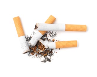 Photo of Cigarette butts isolated on white, top view. Smoking habit