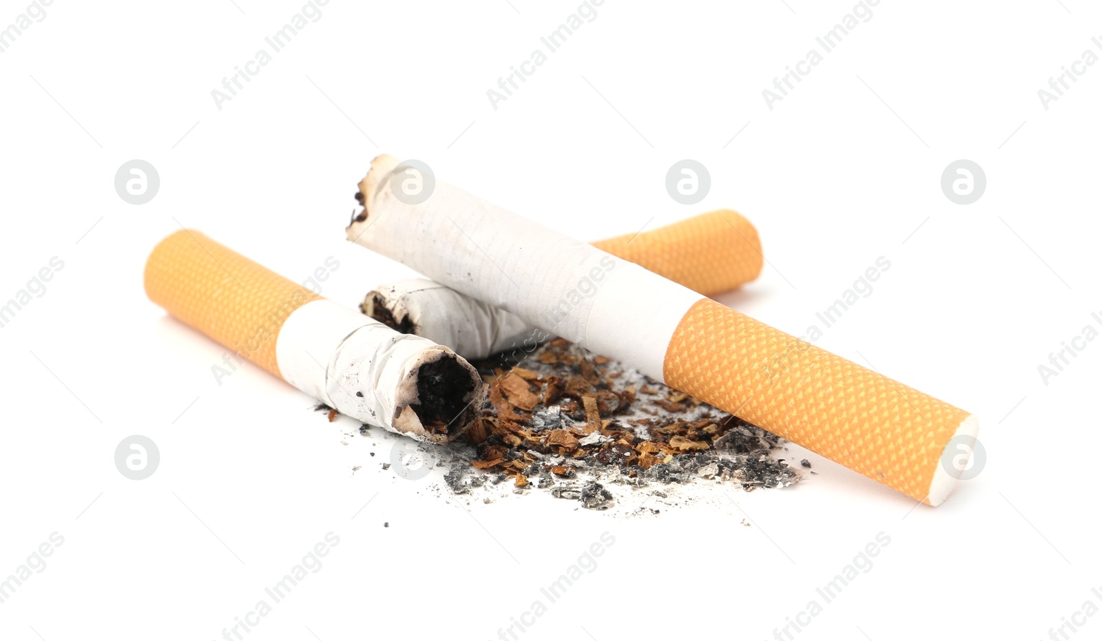 Photo of Cigarette butts isolated on white. Smoking habit