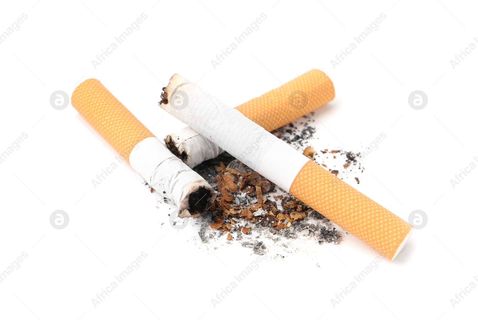 Photo of Cigarette butts isolated on white. Smoking habit