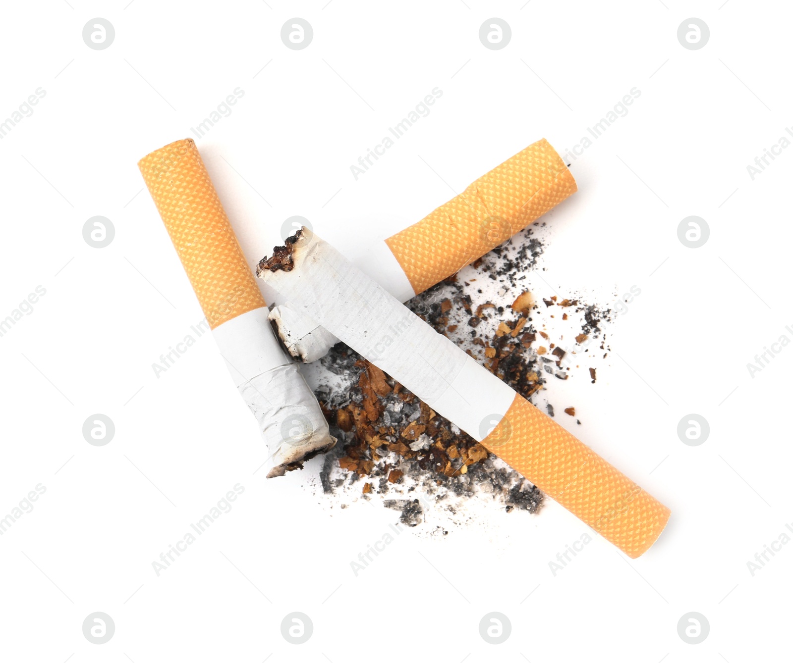 Photo of Cigarette butts isolated on white, top view. Smoking habit