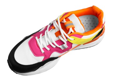 Photo of One colorful sneaker in air isolated on white