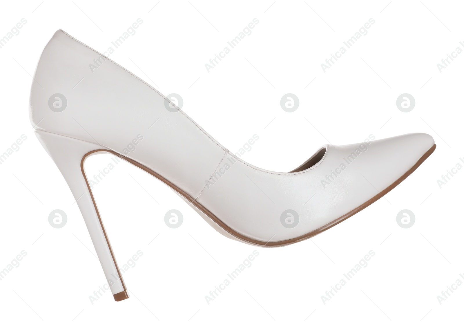 Photo of Stylish high heeled shoe in air isolated on white