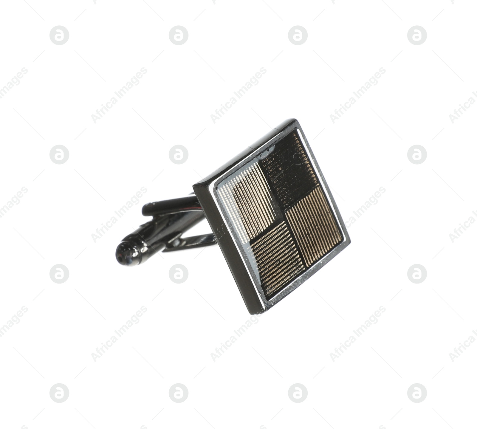 Photo of Stylish cufflink in air isolated on white