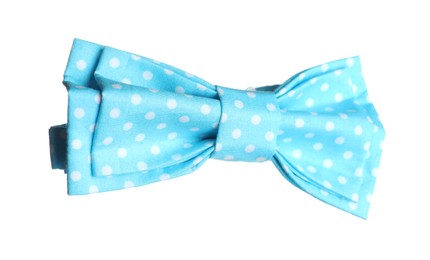 Photo of Stylish light blue bow tie with polka dot pattern isolated on white