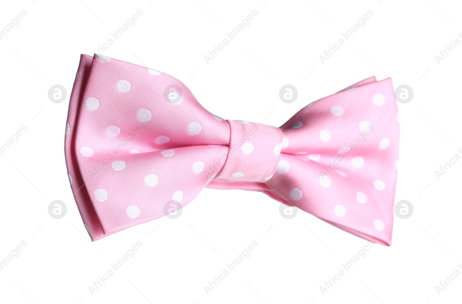 Photo of Stylish pink bow tie with polka dot pattern isolated on white