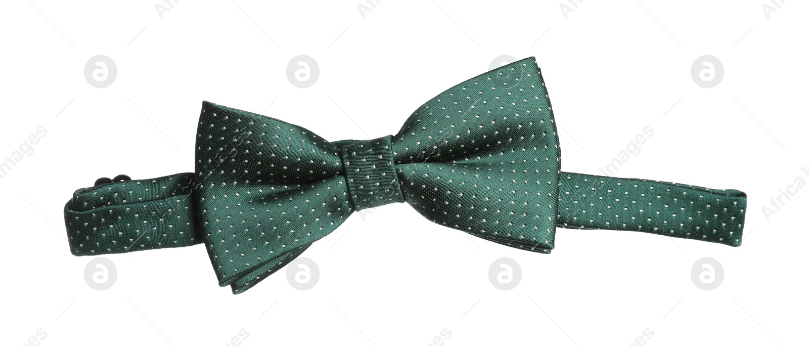 Photo of Stylish green bow tie with polka dot pattern isolated on white