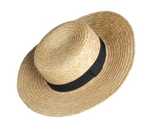 Photo of Stylish straw hat in air isolated on white