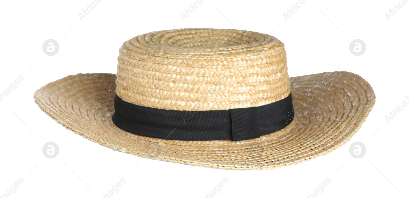 Photo of Stylish straw hat in air isolated on white