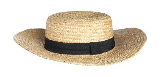 Photo of Stylish straw hat in air isolated on white