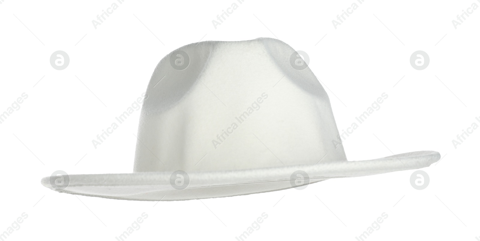 Photo of Stylish hat in air isolated on white