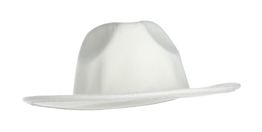 Photo of Stylish hat in air isolated on white