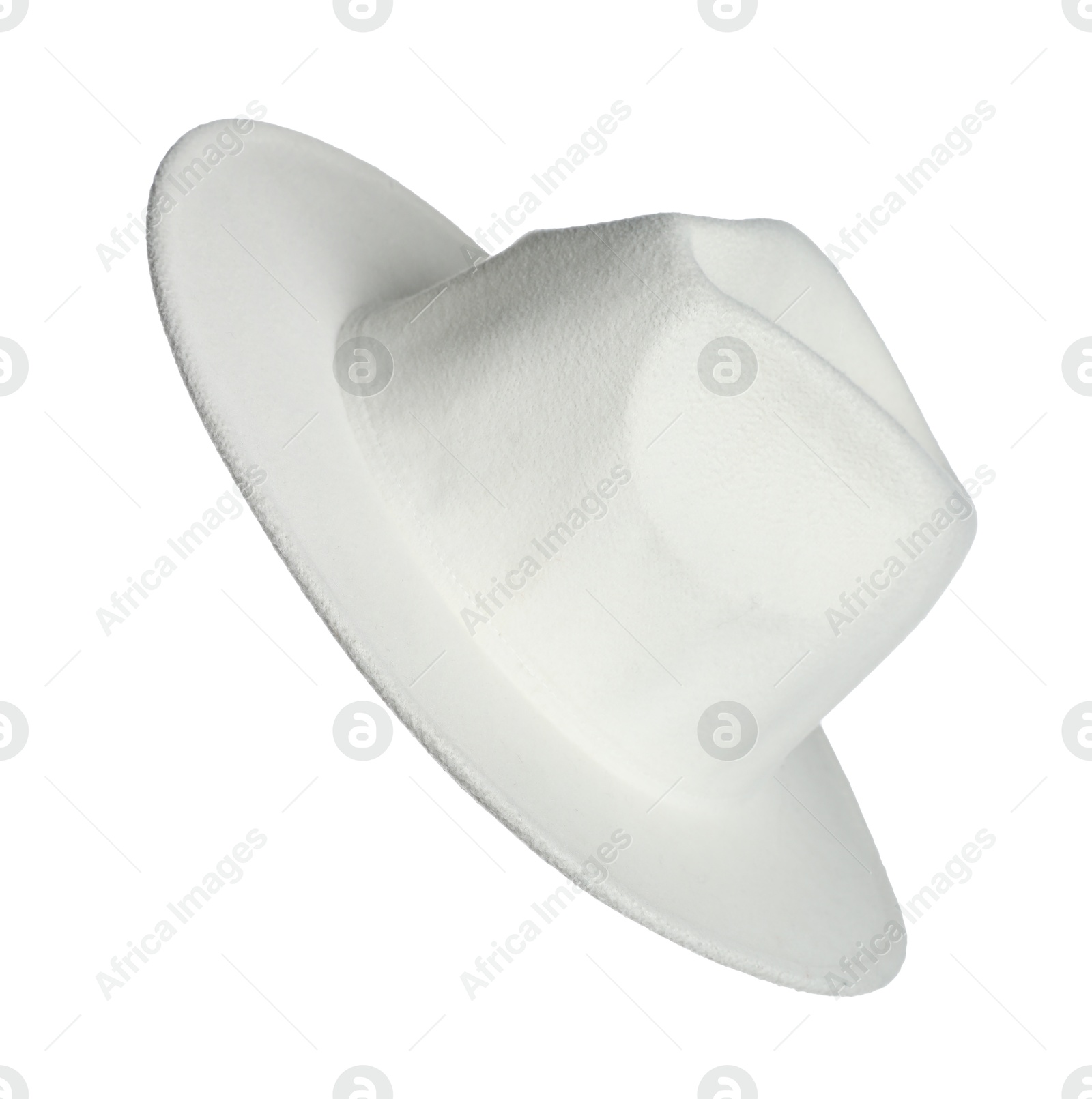 Photo of Stylish hat in air isolated on white