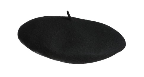 Photo of Stylish black beret in air isolated on white