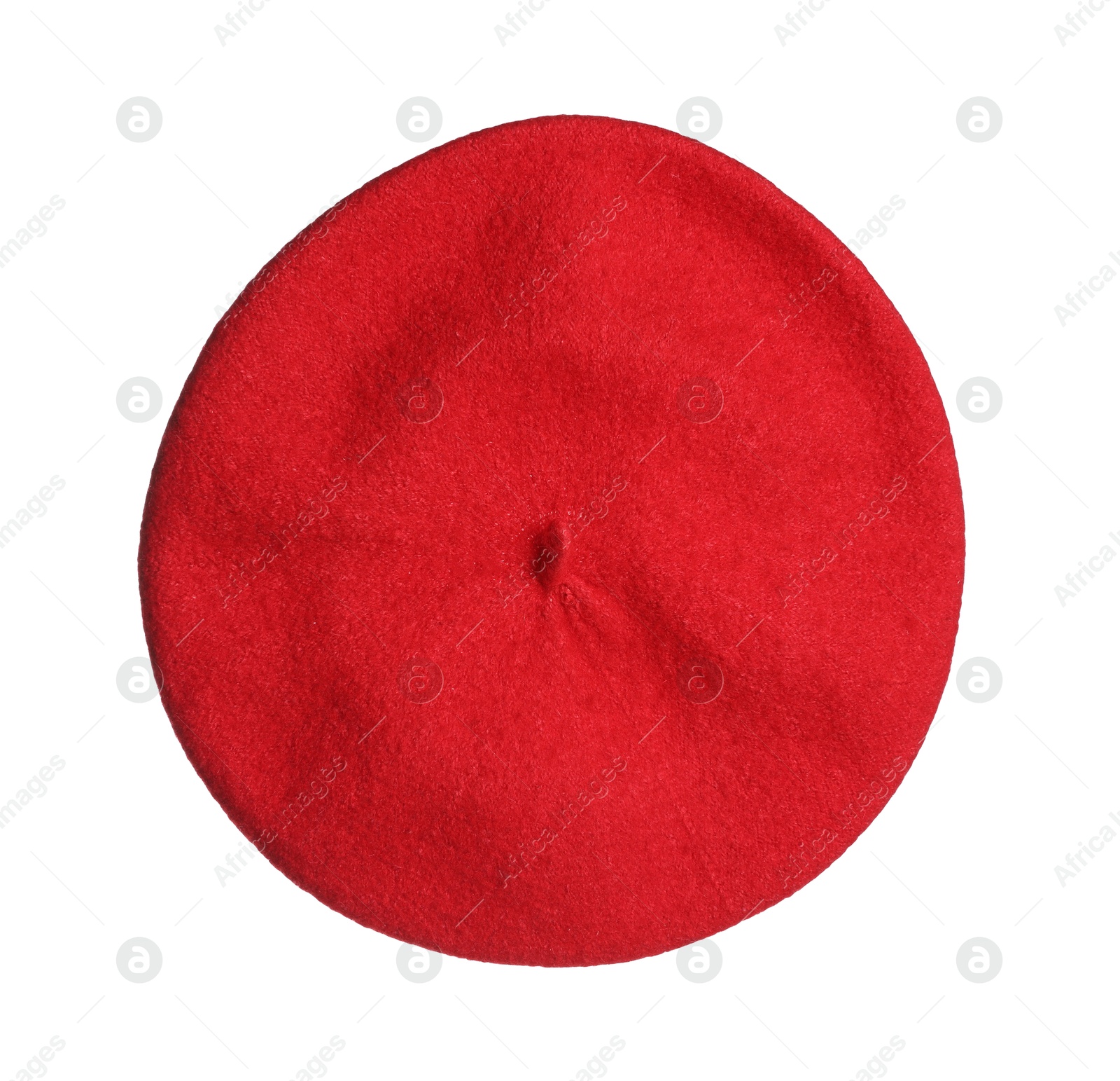 Photo of Stylish red beret isolated on white, top view