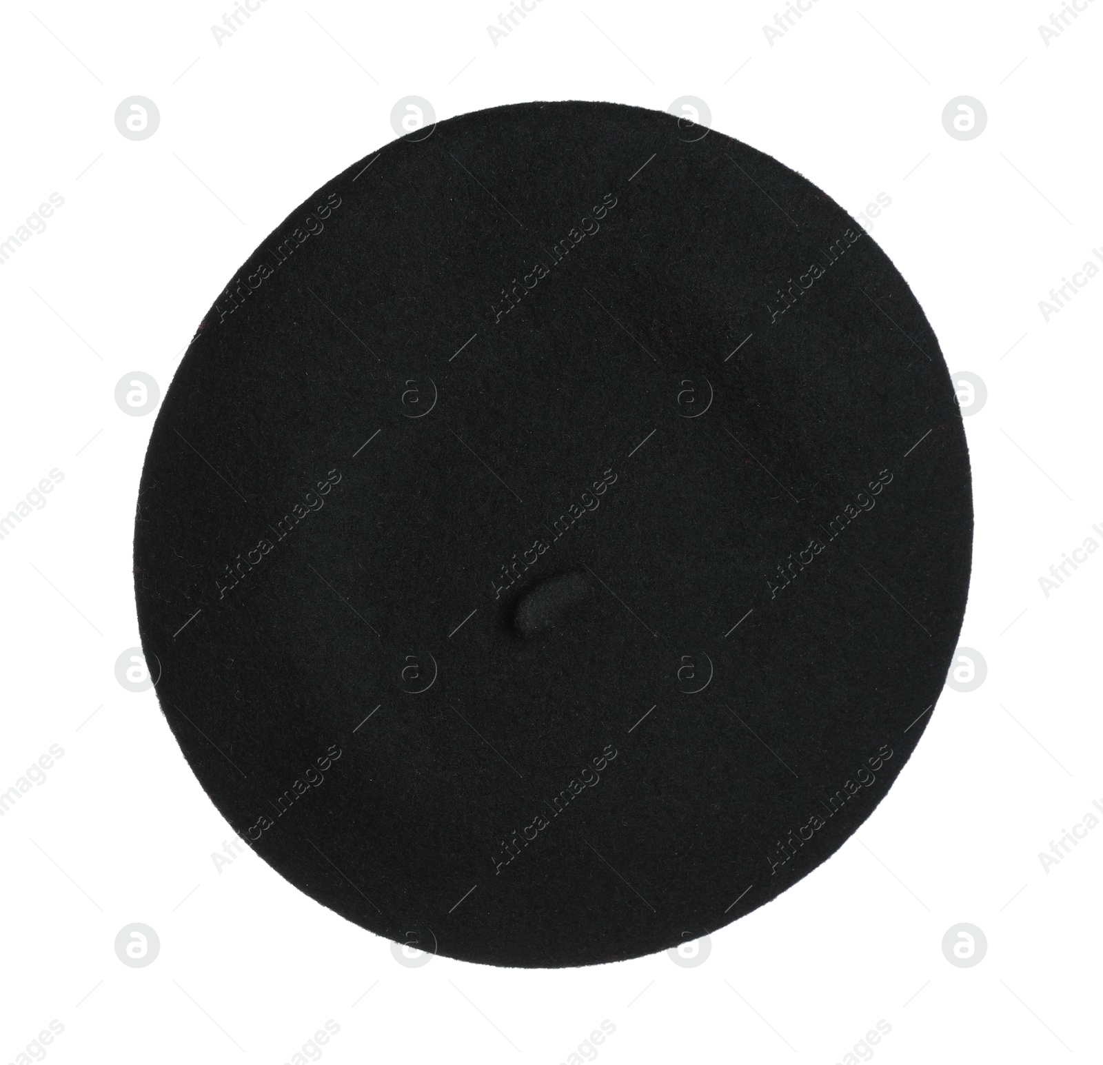 Photo of Stylish black beret isolated on white, top view