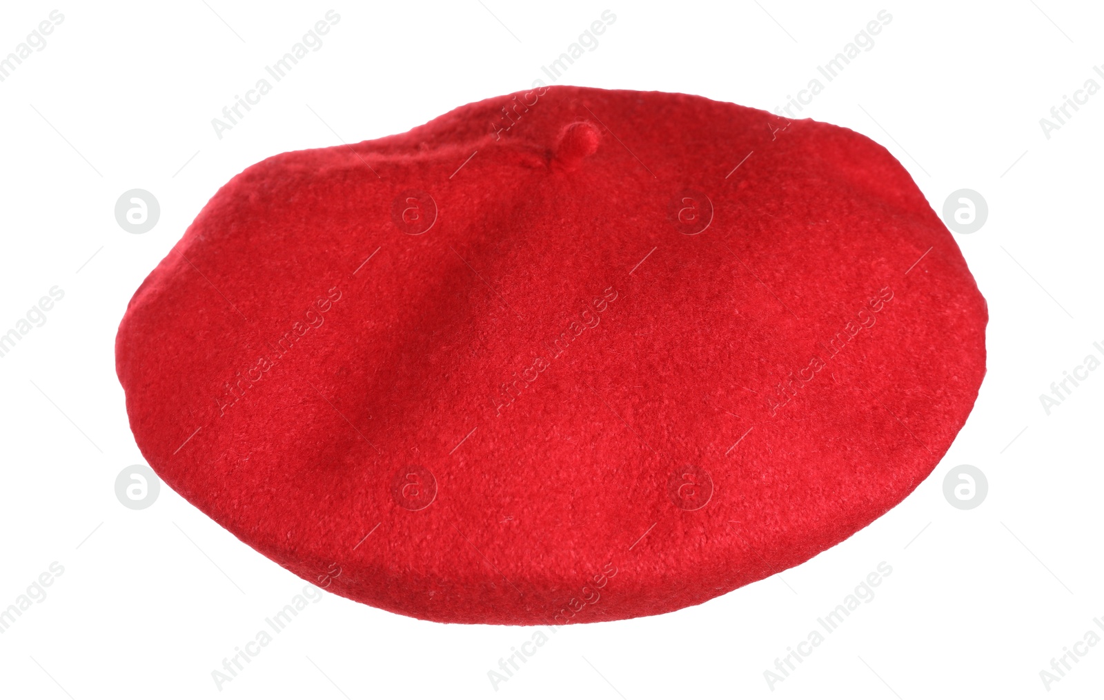 Photo of Stylish red beret in air isolated on white