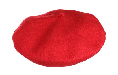 Photo of Stylish red beret in air isolated on white