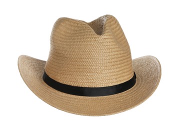 Photo of Stylish straw hat in air isolated on white