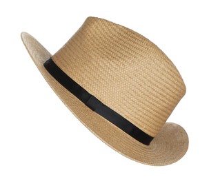 Photo of Stylish straw hat in air isolated on white