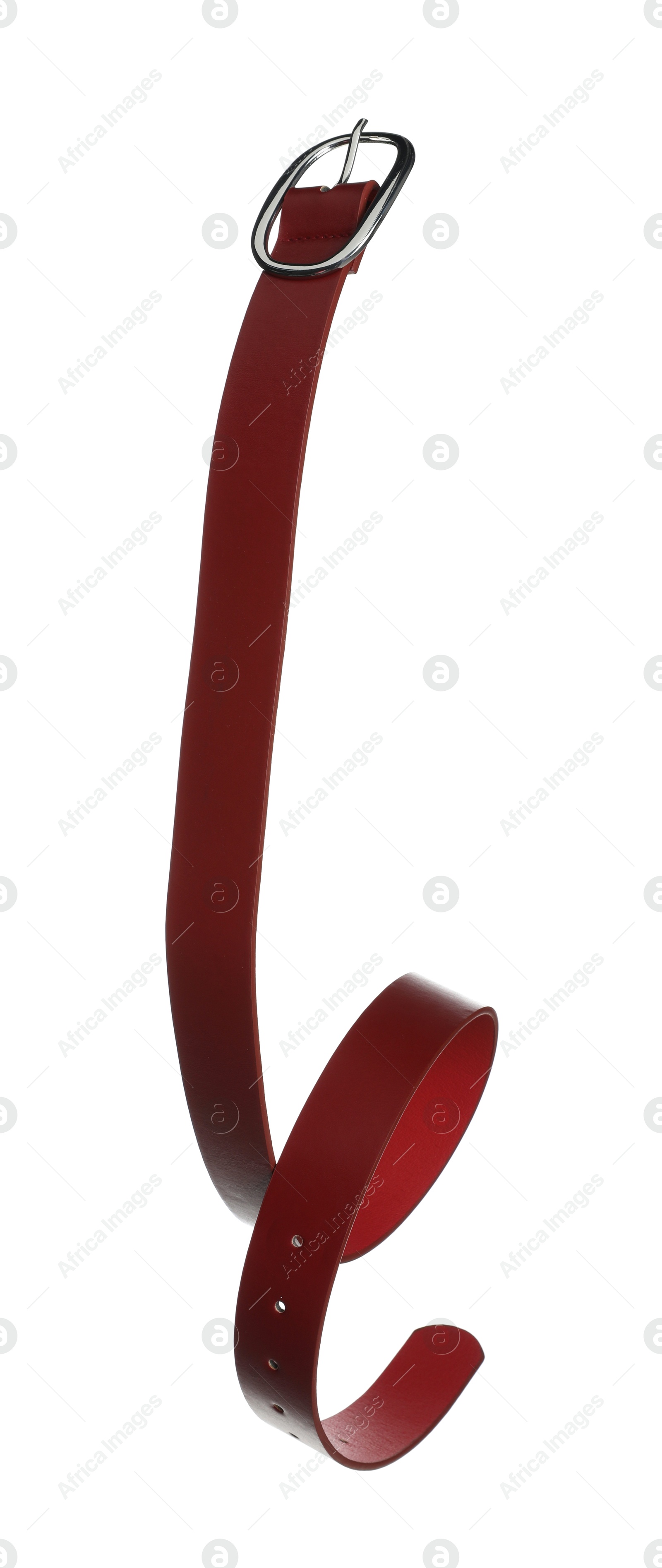 Photo of Stylish red leather belt in air isolated on white