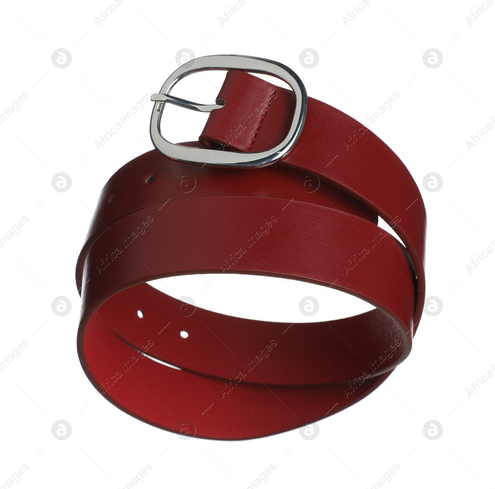 Photo of Stylish red leather belt in air isolated on white