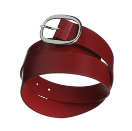 Photo of Stylish red leather belt in air isolated on white