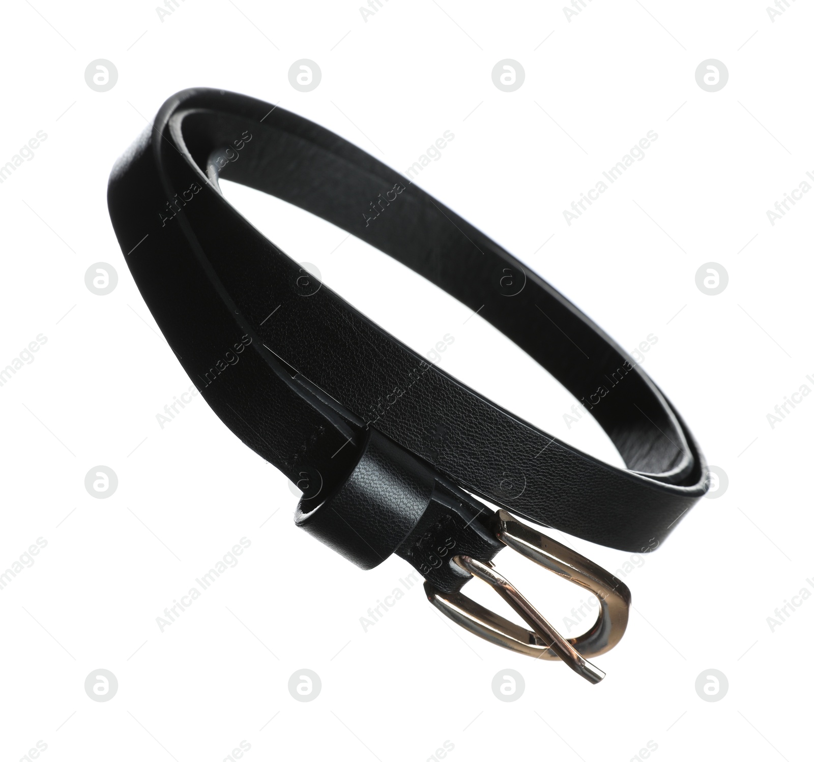 Photo of Stylish black leather belt in air isolated on white