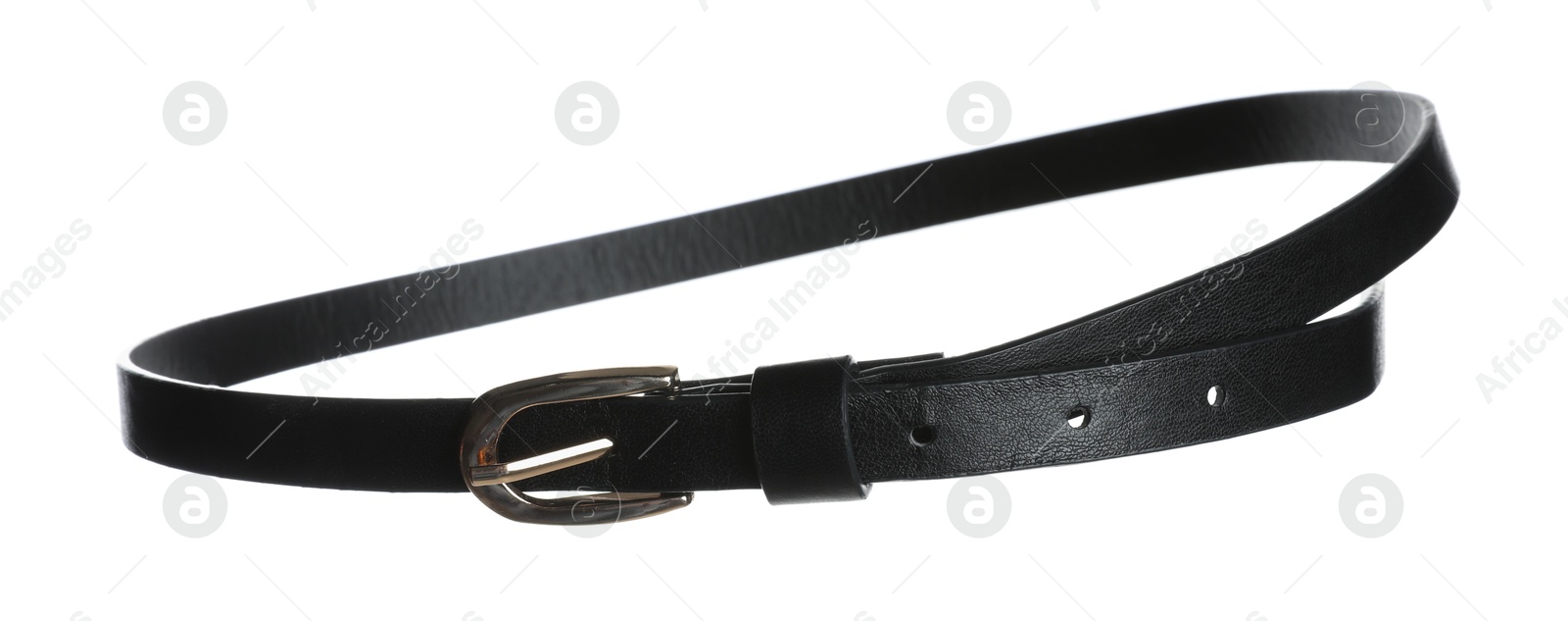 Photo of Stylish black leather belt in air isolated on white