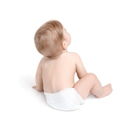 Photo of Little baby sitting on white background, back view