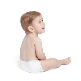 Photo of Cute little baby sitting on white background