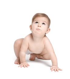 Photo of Adorable little baby crawling on white background