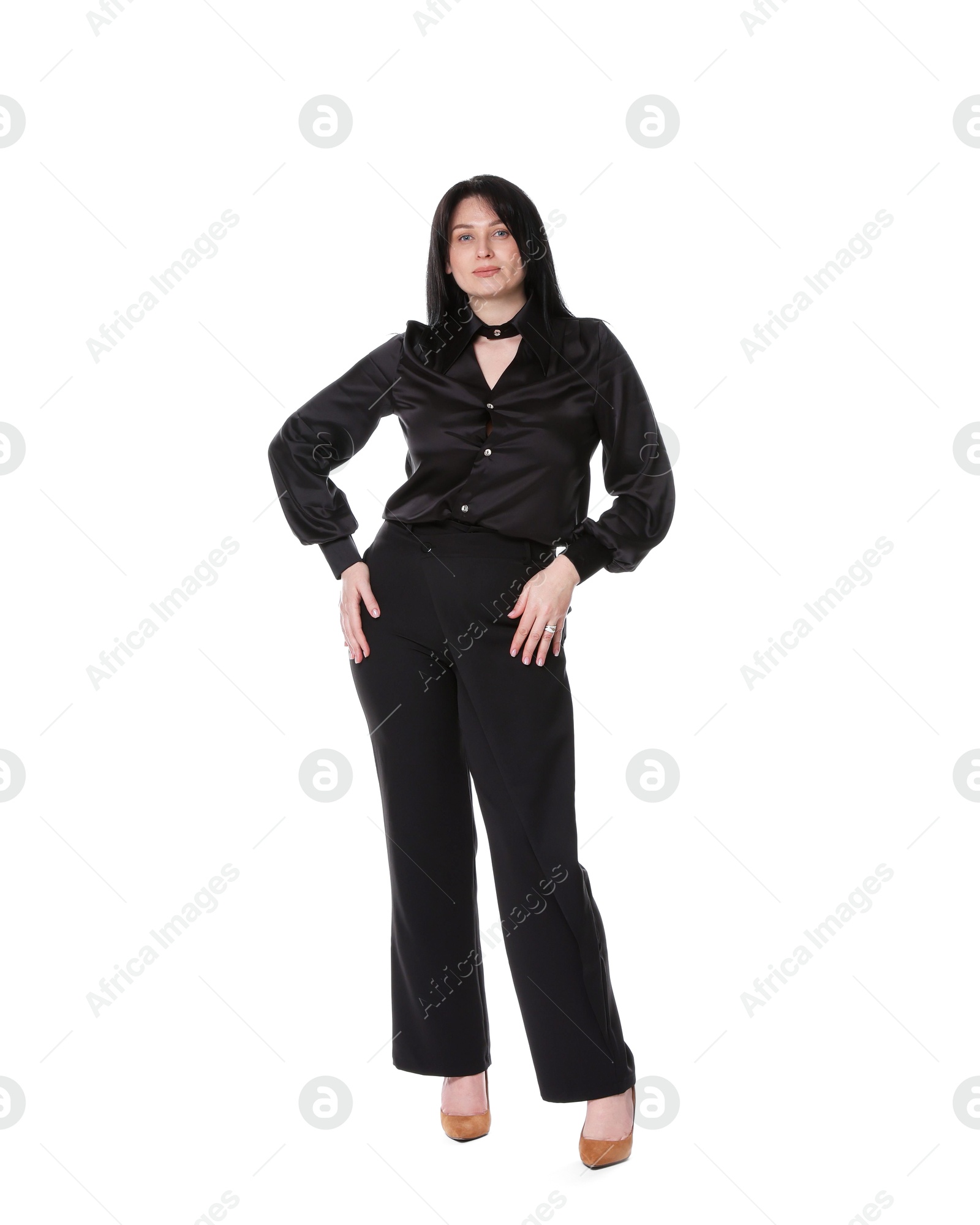 Photo of Charming plus size model on white background. Overweight