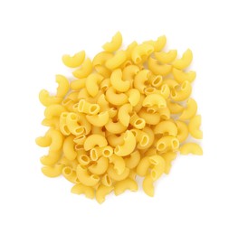 Photo of Pile of raw horns pasta isolated on white, top view