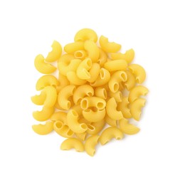 Photo of Pile of raw horns pasta isolated on white, top view