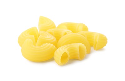 Photo of Pile of raw horns pasta isolated on white