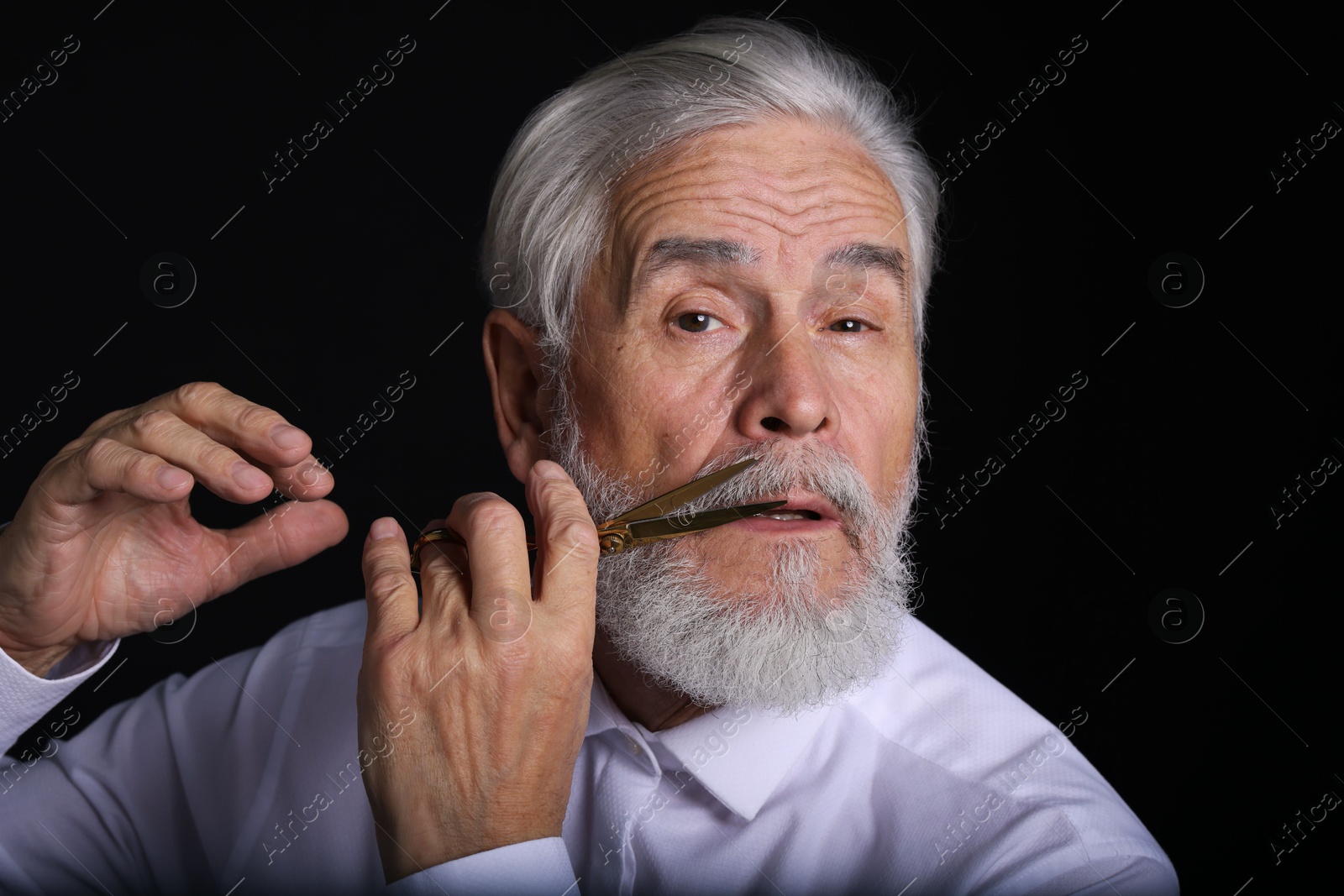 Photo of Senior man trimming beard with scissors on black background