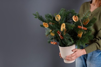 Photo of Woman holding beautiful Christmas composition of fir tree branches decorated with dried orange slices and cinnamon sticks on grey background, closeup. Space for text