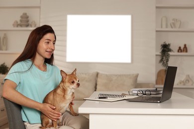 Photo of Young woman with her cute dog working on laptop at desk in home office. Space for text