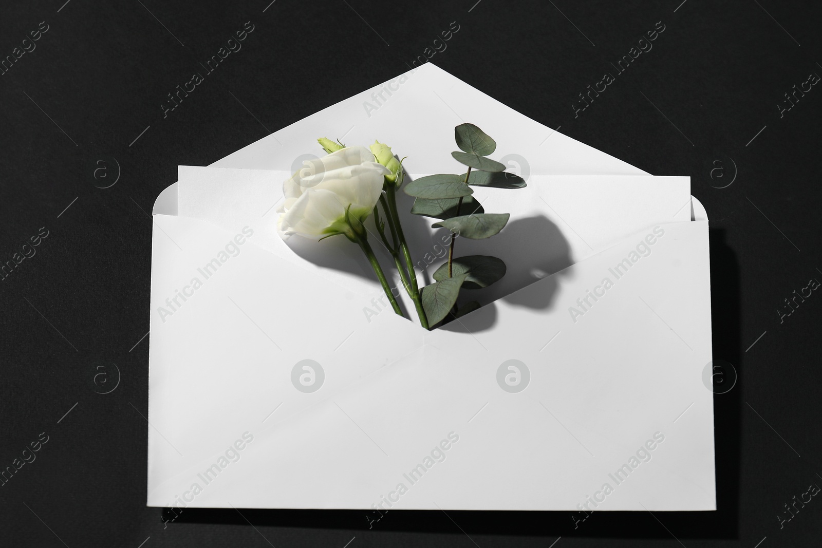 Photo of Paper envelope with letter, flowers and eucalyptus branch on black background, above view. Mockup for design